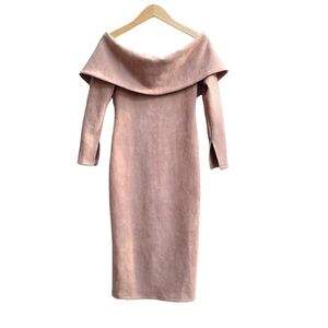 AMMO Off-shoulder Stretch Taupe Suede Dress with Statement Collar, Size Small